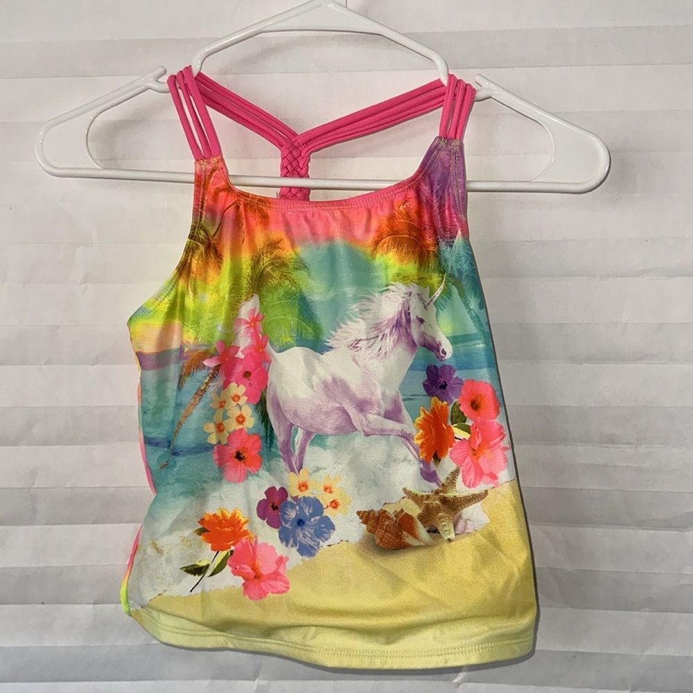 Wonder Nation Girls Large Tankini Swim Top Rainbow Unicorn Print